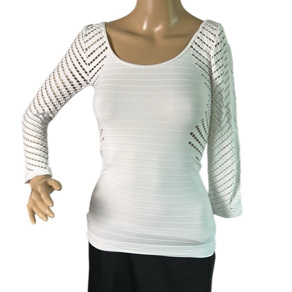 BEBE  women fitted white top,eyelets,stretchy,bodycon,striped,timeless, scoop. - Picture 3 of 13